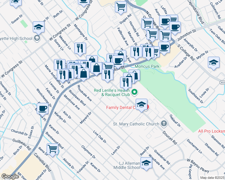 map of restaurants, bars, coffee shops, grocery stores, and more near 123 Gayle Dr in Lafayette
