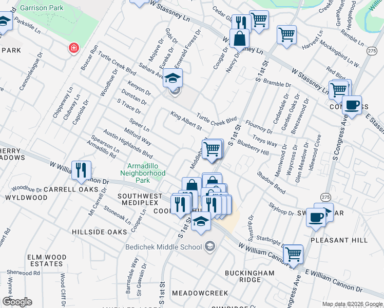 map of restaurants, bars, coffee shops, grocery stores, and more near 6402 King George Drive in Austin