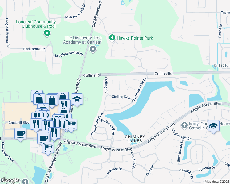 map of restaurants, bars, coffee shops, grocery stores, and more near 9422 Daniel's Mill Drive in Jacksonville