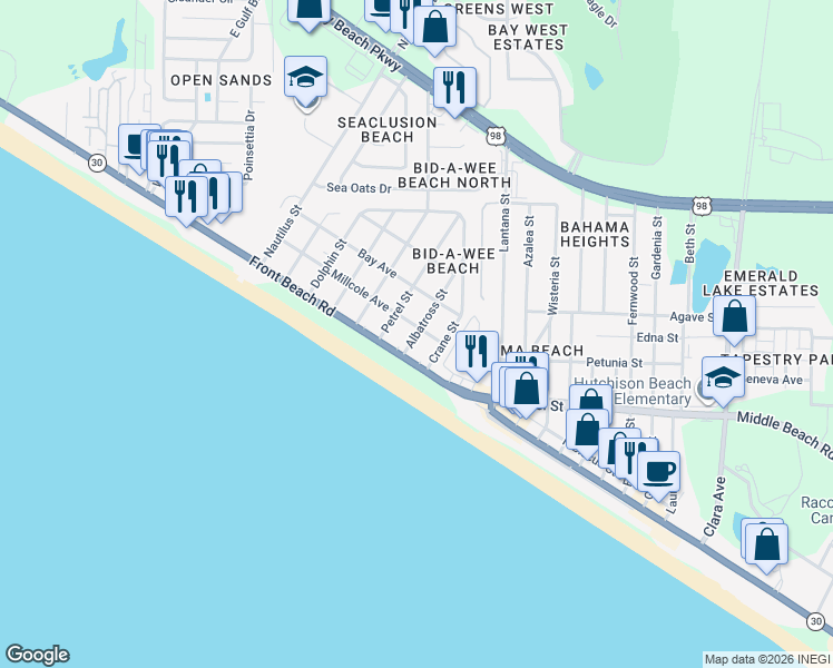 map of restaurants, bars, coffee shops, grocery stores, and more near 618 Albatross Street in Panama City Beach