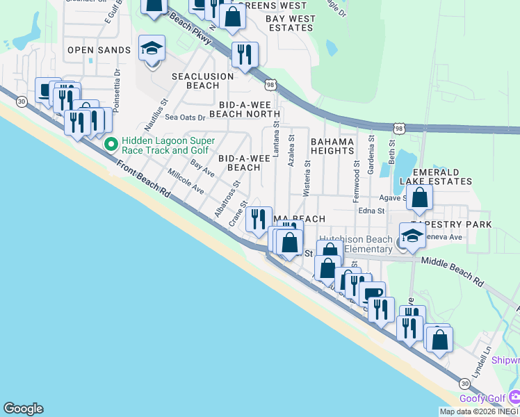 map of restaurants, bars, coffee shops, grocery stores, and more near 512 Lantana Street in Panama City Beach