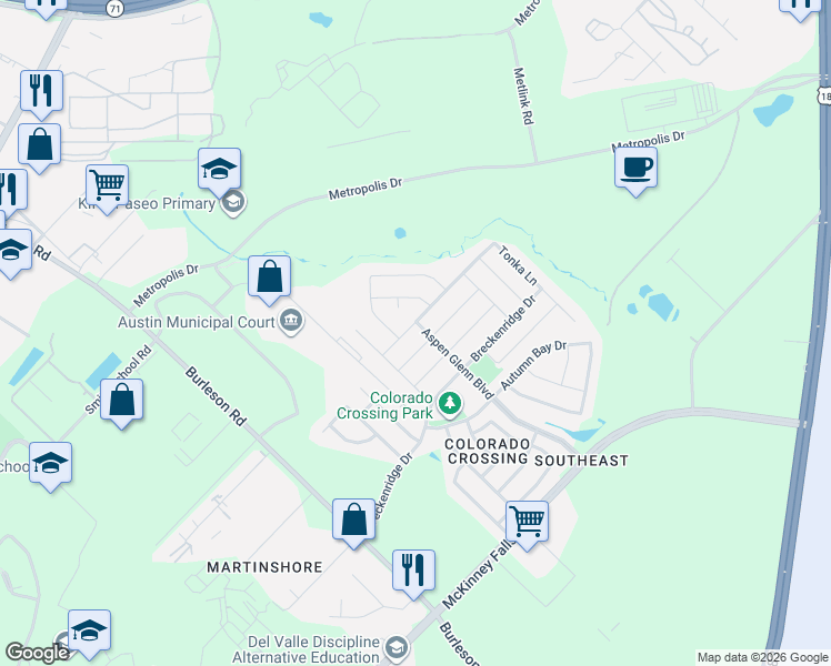 map of restaurants, bars, coffee shops, grocery stores, and more near 3817 Colorado High Avenue in Austin