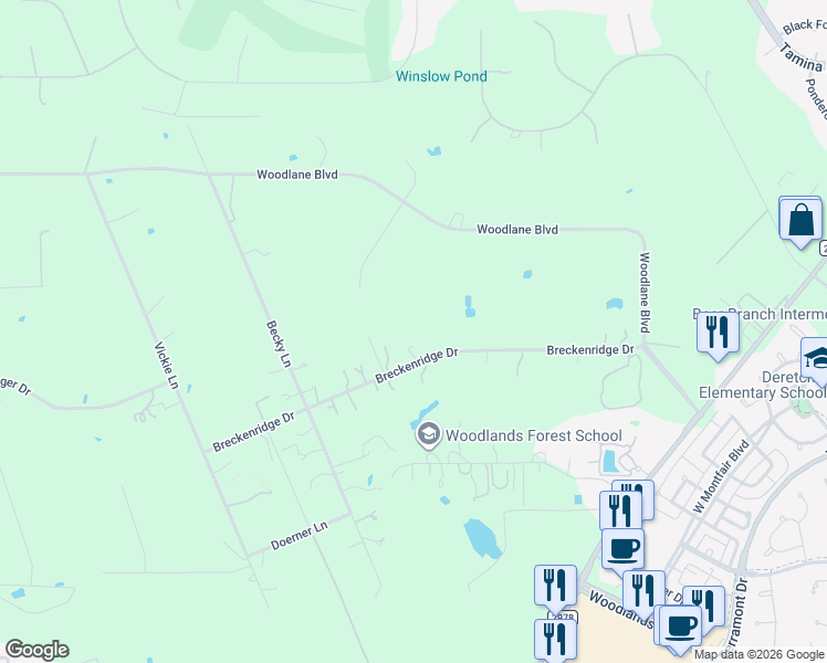 map of restaurants, bars, coffee shops, grocery stores, and more near 9414 Breckenridge Drive in Magnolia