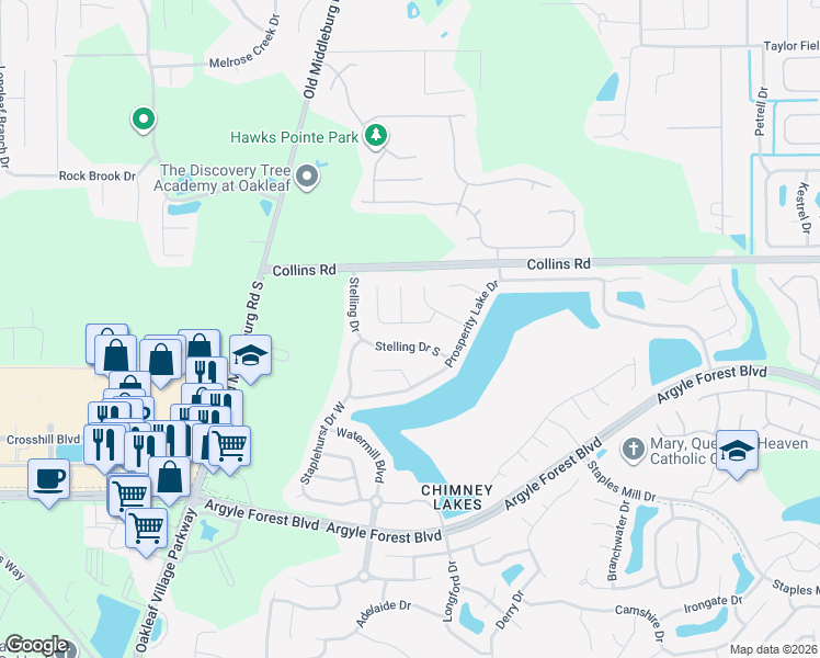 map of restaurants, bars, coffee shops, grocery stores, and more near 9374 Daniel's Mill Drive in Jacksonville