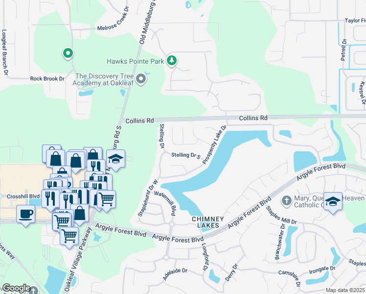 map of restaurants, bars, coffee shops, grocery stores, and more near 9390 Daniel's Mill Drive in Jacksonville