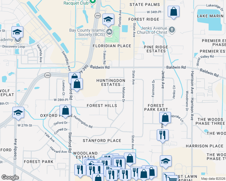 map of restaurants, bars, coffee shops, grocery stores, and more near 805 South Longwood Circle in Panama City