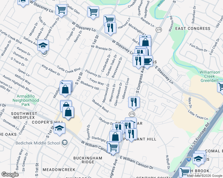 map of restaurants, bars, coffee shops, grocery stores, and more near 6102 Glen Meadow Drive in Austin