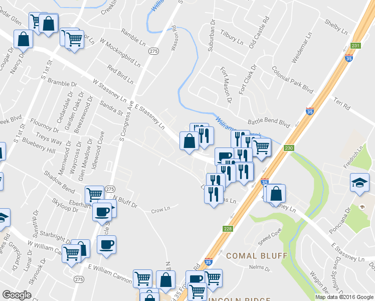 map of restaurants, bars, coffee shops, grocery stores, and more near 627 East Stassney Lane in Austin