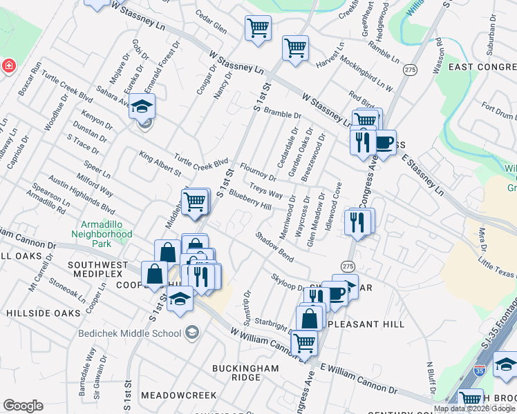 map of restaurants, bars, coffee shops, grocery stores, and more near 6202 Shadow Bend in Austin