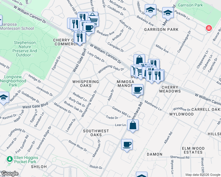 map of restaurants, bars, coffee shops, grocery stores, and more near 7220 Aldea Drive in Austin