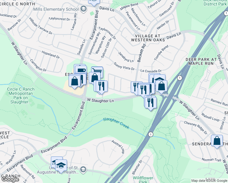 map of restaurants, bars, coffee shops, grocery stores, and more near 5801 York Bridge Circle in Austin
