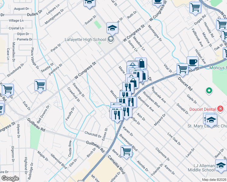 map of restaurants, bars, coffee shops, grocery stores, and more near 113 Westchester Drive in Lafayette