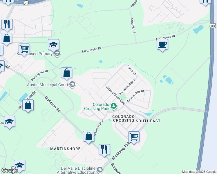 map of restaurants, bars, coffee shops, grocery stores, and more near 3724 Alpine Autumn Drive in Austin
