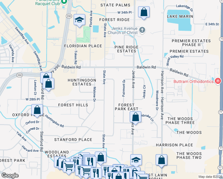 map of restaurants, bars, coffee shops, grocery stores, and more near 2908 Briarcliff Road in Panama City