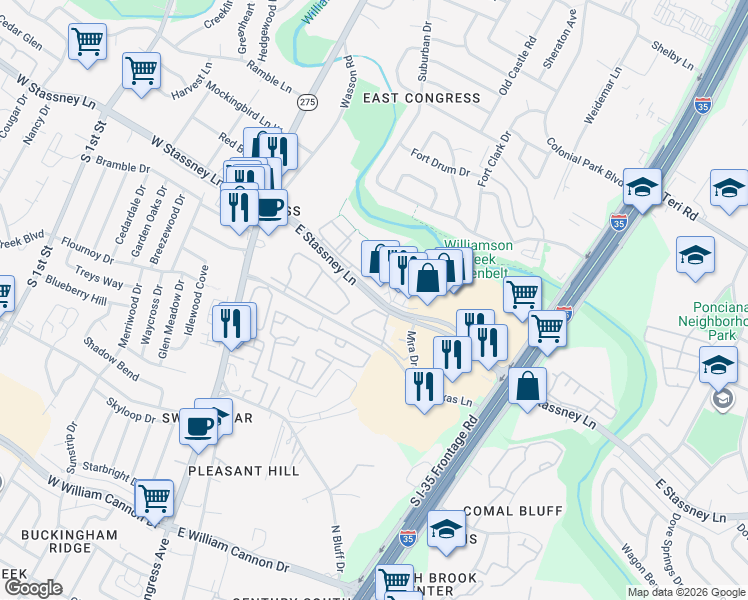 map of restaurants, bars, coffee shops, grocery stores, and more near 625 E Stassney Ln in Austin