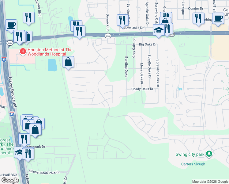 map of restaurants, bars, coffee shops, grocery stores, and more near 17235 Rookery Court in Conroe