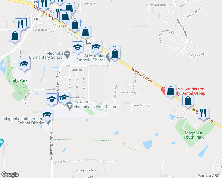 map of restaurants, bars, coffee shops, grocery stores, and more near 31903 Pine Crossing in Magnolia