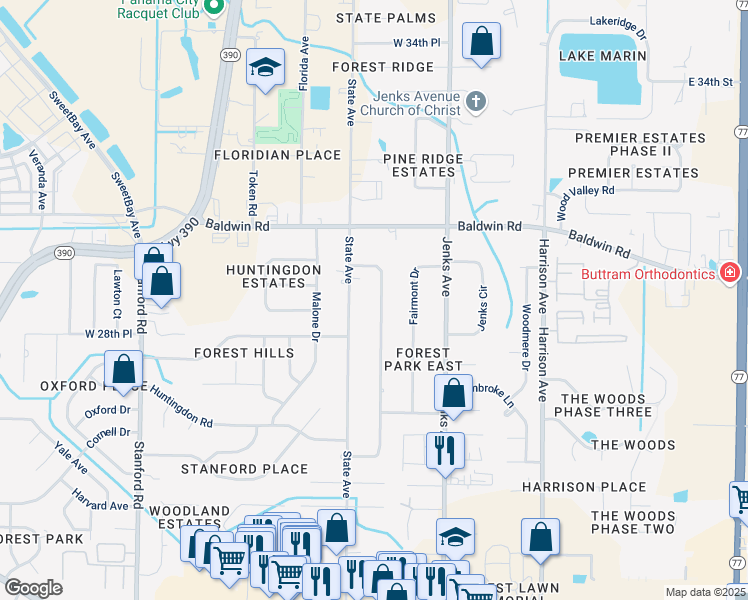 map of restaurants, bars, coffee shops, grocery stores, and more near 2908 Briarcliff Road in Panama City