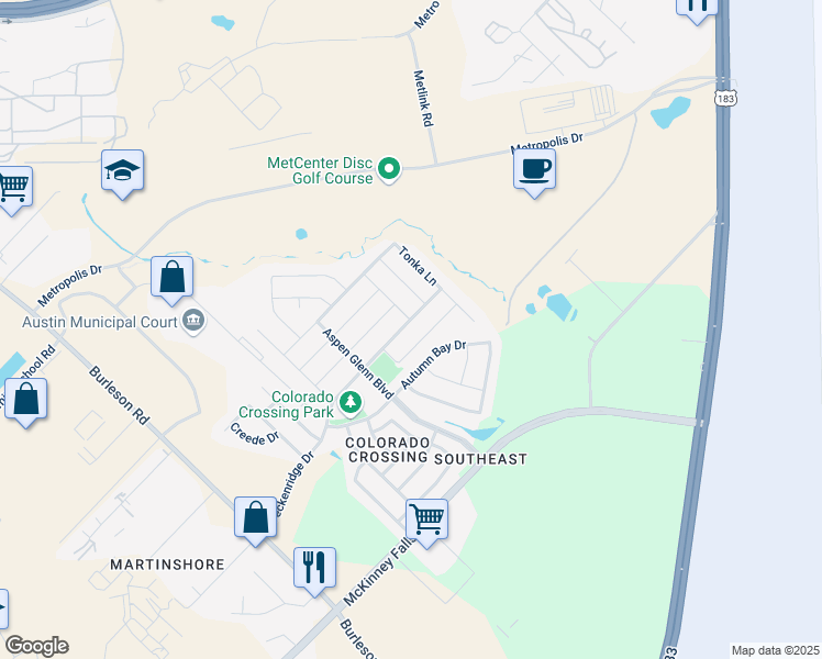 map of restaurants, bars, coffee shops, grocery stores, and more near 3508 Autumn Bay Drive in Austin