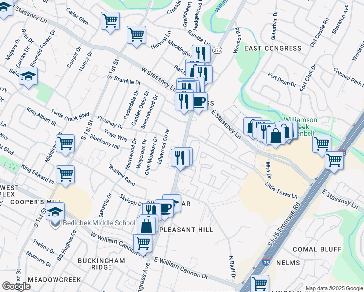 map of restaurants, bars, coffee shops, grocery stores, and more near 5924 South Congress Avenue in Austin