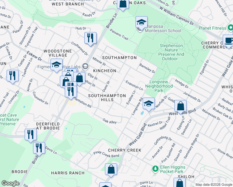 map of restaurants, bars, coffee shops, grocery stores, and more near 8009 Burley Bend in Austin