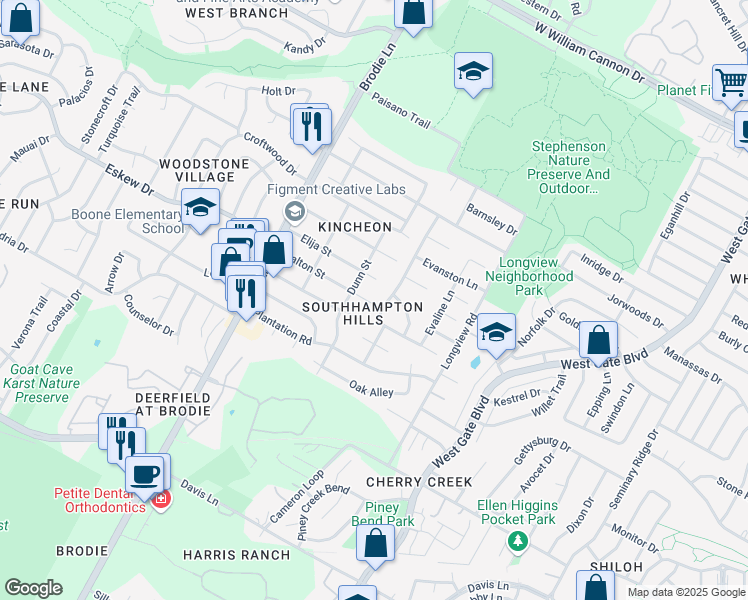 map of restaurants, bars, coffee shops, grocery stores, and more near 8010 Clydesdale Drive in Austin