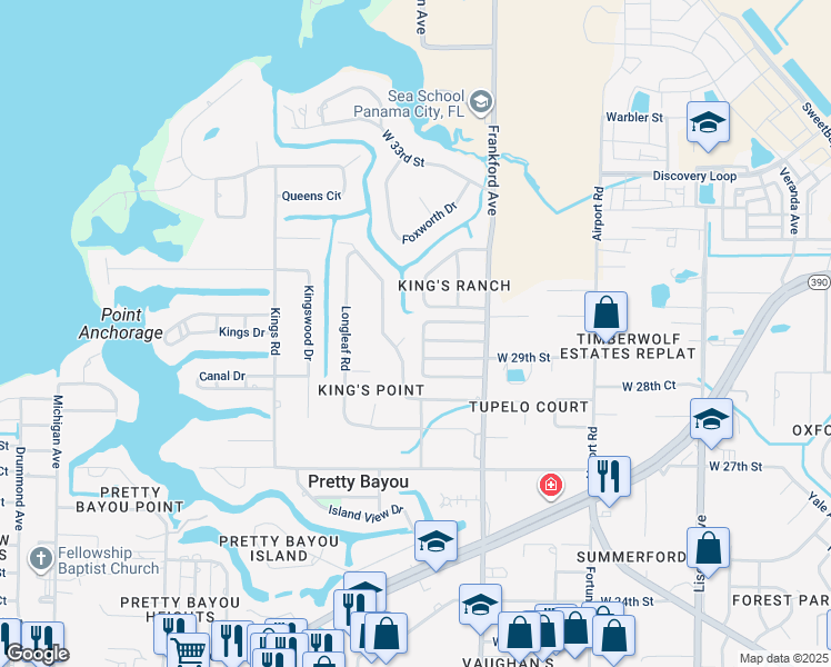 map of restaurants, bars, coffee shops, grocery stores, and more near 2881 Tupelo Drive in Panama City