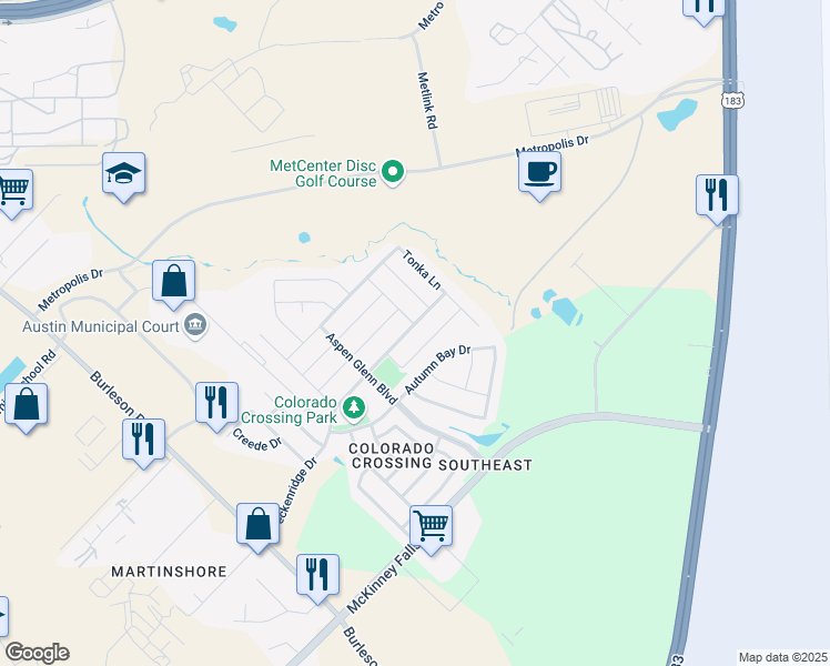 map of restaurants, bars, coffee shops, grocery stores, and more near 3508 Autumn Bay Drive in Austin
