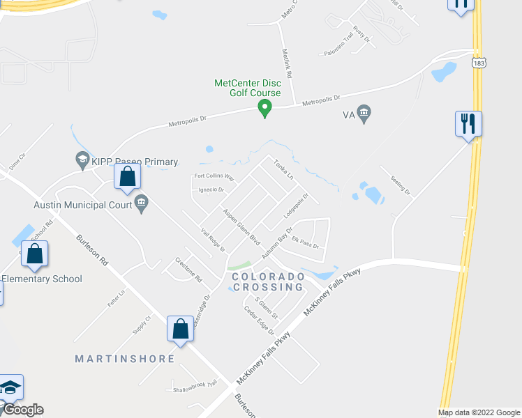 map of restaurants, bars, coffee shops, grocery stores, and more near 3616 Breckenridge Drive in Austin