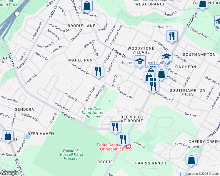 map of restaurants, bars, coffee shops, grocery stores, and more near 3903 Alexandria Drive in Austin