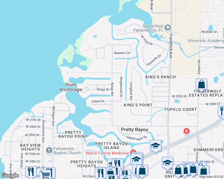 map of restaurants, bars, coffee shops, grocery stores, and more near 2901 Kings Road in Panama City