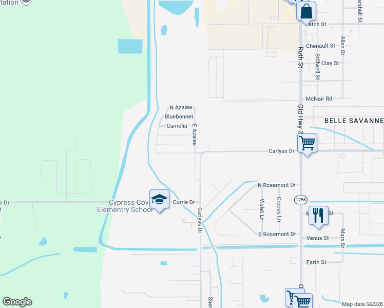 map of restaurants, bars, coffee shops, grocery stores, and more near 3550 Carlyss Drive in Sulphur