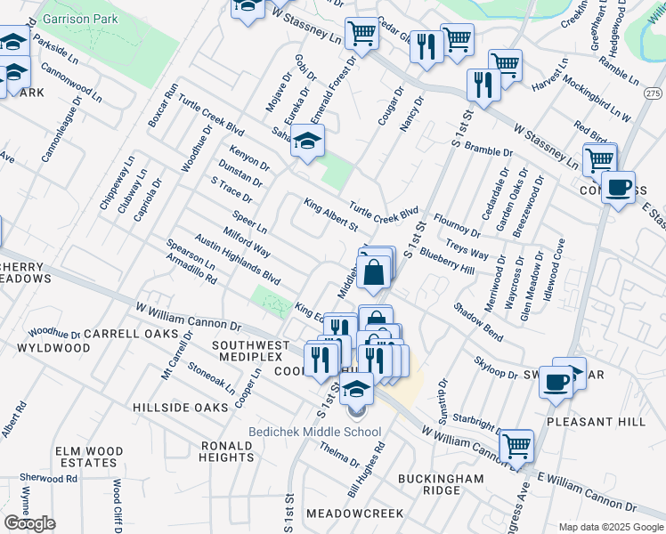 map of restaurants, bars, coffee shops, grocery stores, and more near 6402 King George Drive in Austin