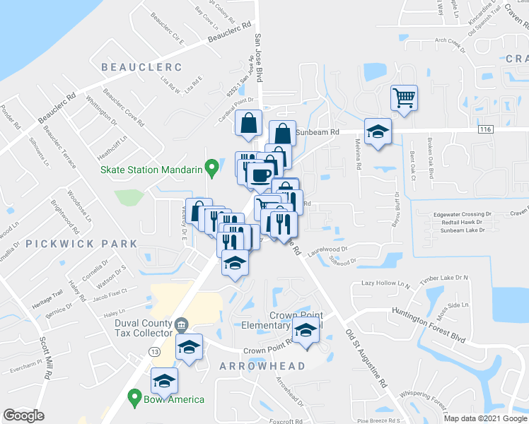 map of restaurants, bars, coffee shops, grocery stores, and more near 9703 San Jose Boulevard in Jacksonville