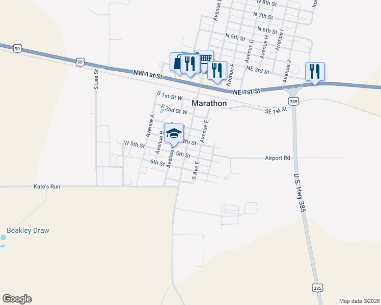 map of restaurants, bars, coffee shops, grocery stores, and more near 301 S Avenue D in Alpine