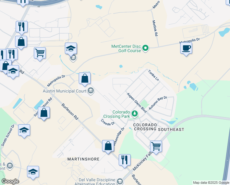 map of restaurants, bars, coffee shops, grocery stores, and more near 6900 Vail Ridge Street in Austin