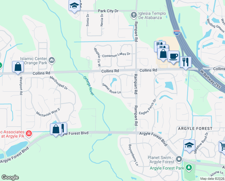 map of restaurants, bars, coffee shops, grocery stores, and more near 7433 Sweet Rose Lane in Jacksonville