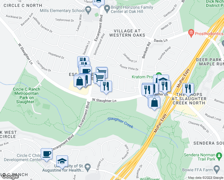 map of restaurants, bars, coffee shops, grocery stores, and more near 5917 York Bridge Circle in Austin
