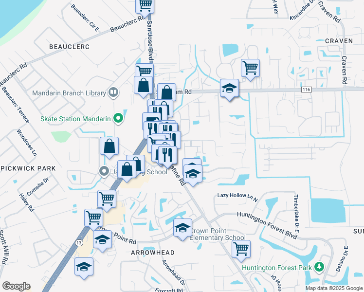 map of restaurants, bars, coffee shops, grocery stores, and more near 9743 Old Saint Augustine Road in Jacksonville