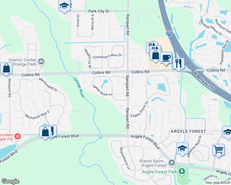 map of restaurants, bars, coffee shops, grocery stores, and more near 7369 Amandas Crossing Drive West in Jacksonville
