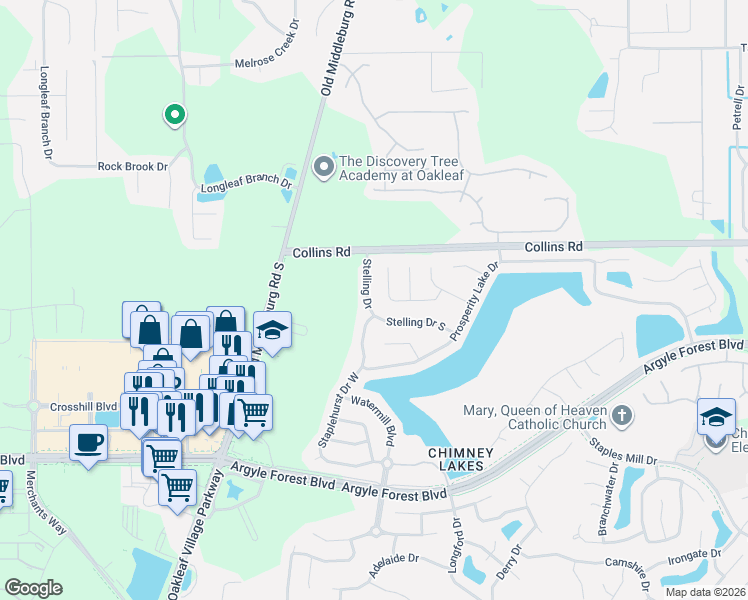 map of restaurants, bars, coffee shops, grocery stores, and more near 8300 Staplehurst Drive West in Jacksonville