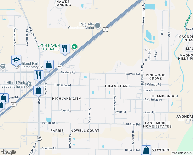 map of restaurants, bars, coffee shops, grocery stores, and more near 3116 Debra Boulevard in Panama City