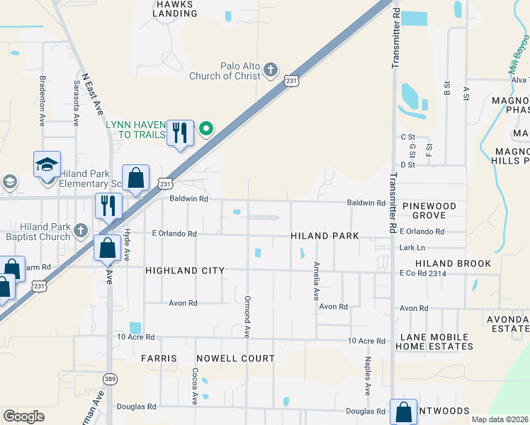 map of restaurants, bars, coffee shops, grocery stores, and more near 3116 Debra Boulevard in Panama City