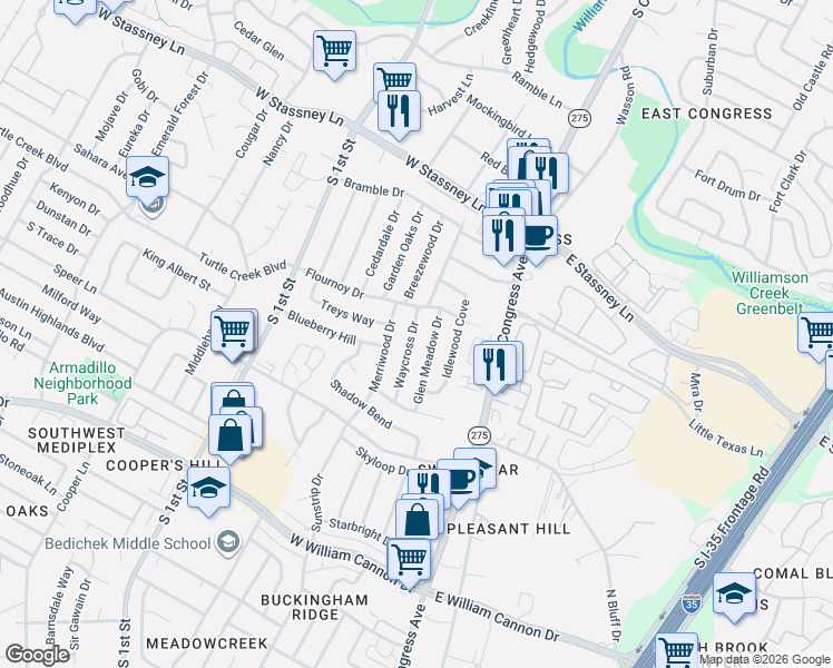 map of restaurants, bars, coffee shops, grocery stores, and more near 6102 Glen Meadow Drive in Austin