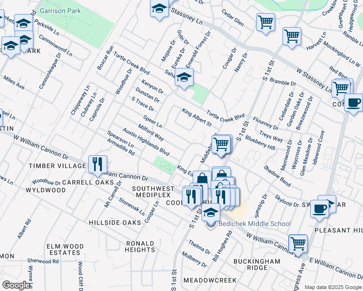 map of restaurants, bars, coffee shops, grocery stores, and more near 6409 Cooper Lane in Austin