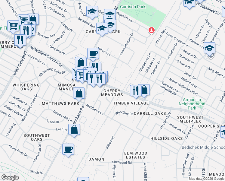 map of restaurants, bars, coffee shops, grocery stores, and more near 6905 Cherry Meadow Drive in Austin