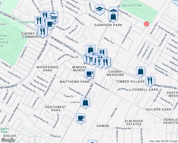 map of restaurants, bars, coffee shops, grocery stores, and more near 2000 Mimosa Drive in Austin