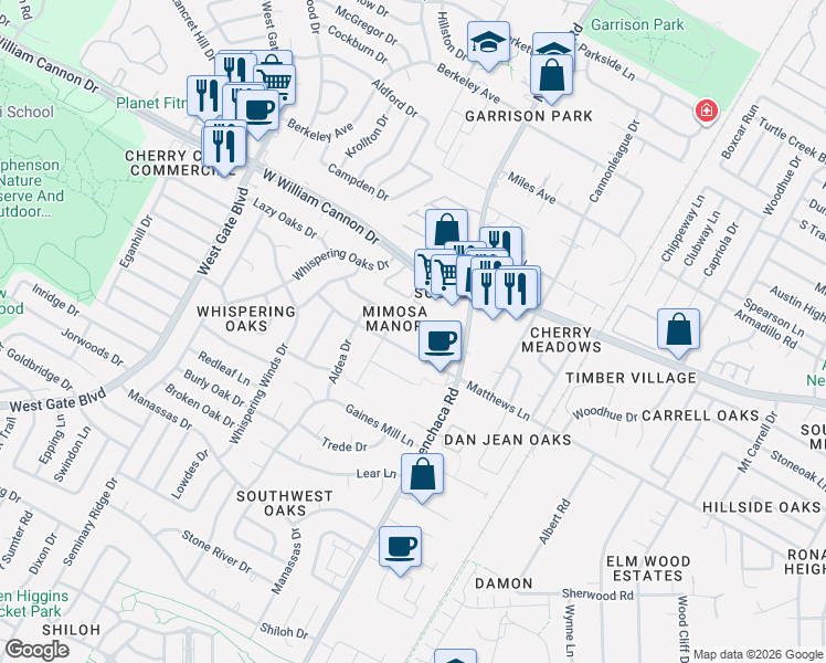 map of restaurants, bars, coffee shops, grocery stores, and more near 2102 Matthews Lane in Austin
