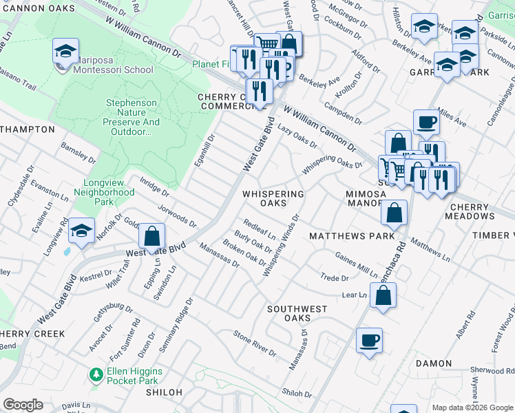 map of restaurants, bars, coffee shops, grocery stores, and more near 2603 Greenland Lane in Austin