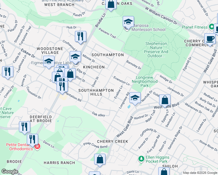map of restaurants, bars, coffee shops, grocery stores, and more near 8009 Burley Bend in Austin